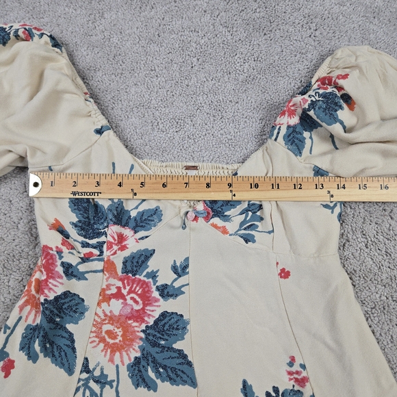 Free People Francesca Mini Dress Babydoll V Neck Puff Sleeves Cream Floral Boho - Picture 5 of 11
